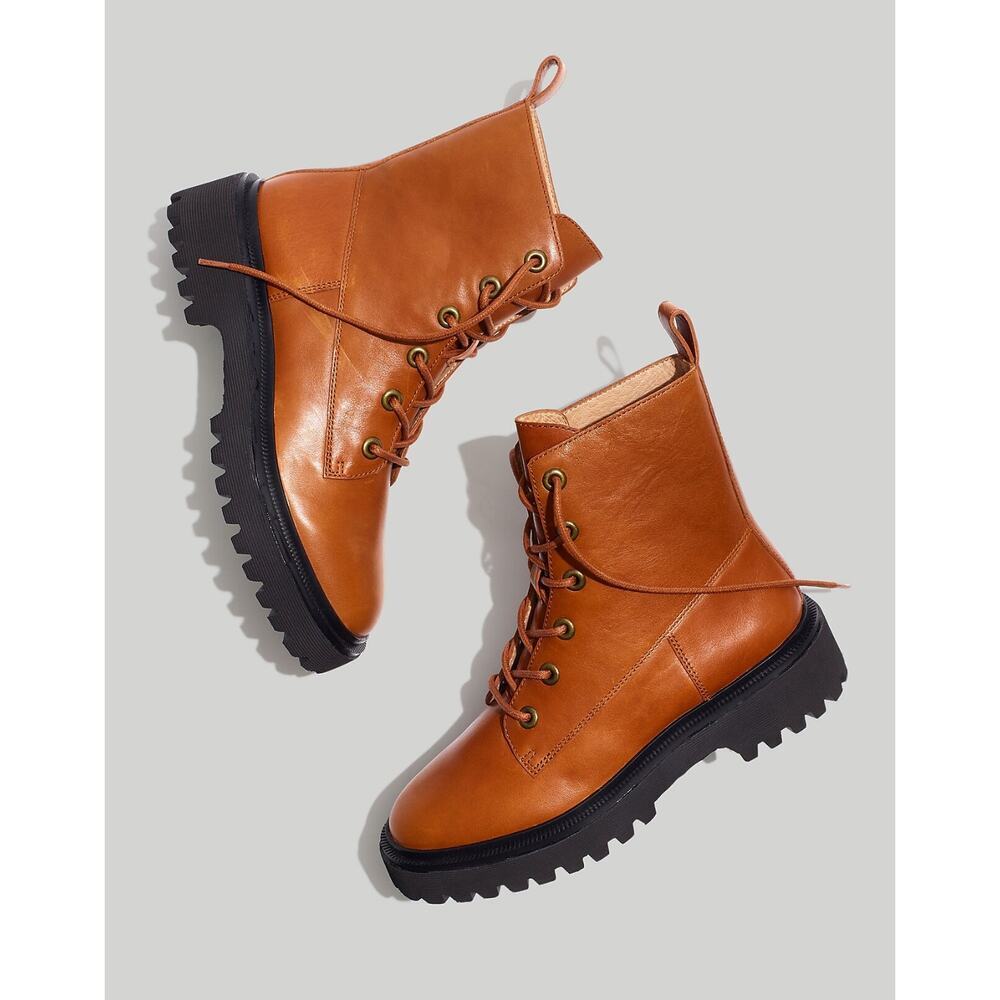New Madewell The Rayna Lace-Up Boot in English Saddle Leather Women's Size 7.5